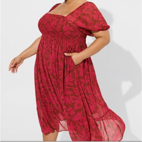 torrid Dresses & Skirts - Torrid Cottage Core Smocked Bust Puff Sleeve Red Floral Midi Dress Size 2 (2X)